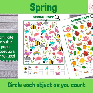 Puede incluir: Dos hojas de actividades imprimibles I Spy con tem&aacute;tica primaveral. La primera hoja presenta im&aacute;genes de mariposas, abejas, flores, gotas de lluvia, nubes, arco&iacute;ris, paraguas y carretillas. La segunda hoja presenta im&aacute;genes de mariquitas, regaderas, pollitos, molinetes, flores y macetas. Ambas hojas tienen un espacio para contar el n&uacute;mero de cada elemento.