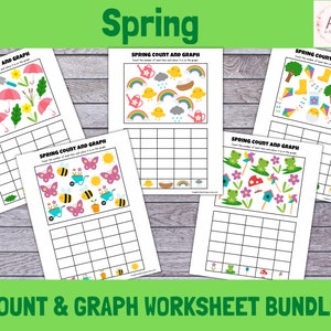 May include: A set of five printable spring-themed count and graph worksheets. Each worksheet features a different set of spring-themed images, such as umbrellas, flowers, bees, and frogs. The worksheets are designed to help children learn to count and graph.