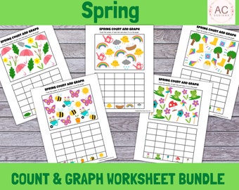 Hojas de trabajo de conteo y gráficos de primavera, juego de matemáticas de Pascua (descarga digital)
