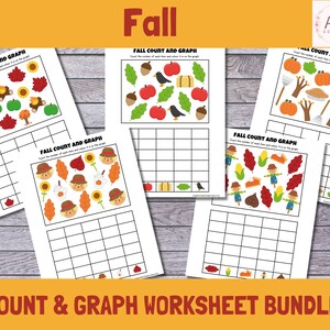 May include: A set of five printable fall-themed count and graph worksheets. Each worksheet features a different set of fall-themed images, such as pumpkins, leaves, and scarecrows. The worksheets are designed to help children learn to count and graph.