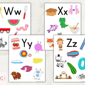 May include: A set of alphabet flashcards featuring colourful illustrations of objects that start with each letter. The letters are in black and white, and the illustrations are in bright colours. The letters are W, X, Y, and Z.