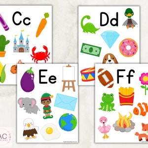 May include: Four printable alphabet flashcards with colourful illustrations. Each card features a letter of the alphabet, such as C, D, E, and F, and several images that start with that letter. For example, the C card has a crayon, castle, and corn.