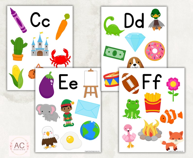 May include: Four printable alphabet flashcards with colourful illustrations. Each card features a letter of the alphabet, such as C, D, E, and F, and several images that start with that letter. For example, the C card has a crayon, castle, and corn.