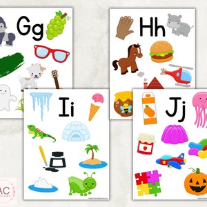 May include: A set of 10 alphabet flashcards featuring colourful illustrations of objects that start with each letter. The letters are in black and white, and the illustrations are in bright colours. The letters are G, H, I, and J.