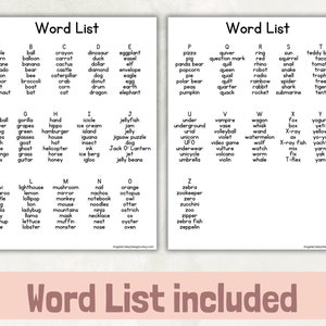 May include: A black and white printable word list with two columns of words, starting with the letter A and ending with the letter Z. The words are organised alphabetically. The word list is titled "Word List" and is repeated twice on the page. The words are in black text on a white background.