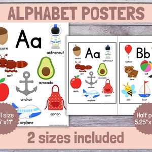 Affiches imprimables de l'alphabet, tableau des sons du début, dictionnaire illustré au format lettre, décoration colorée pour la salle de classe, cartes-éclair ABC