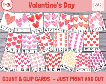 Valentine's Day Count and Clip Cards, Numbers 1-20 (PDF)