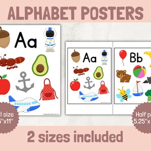Affiches imprimables de l'alphabet, tableau des sons du début, dictionnaire illustré au format lettre, décoration colorée pour la salle de classe, cartes-éclair ABC