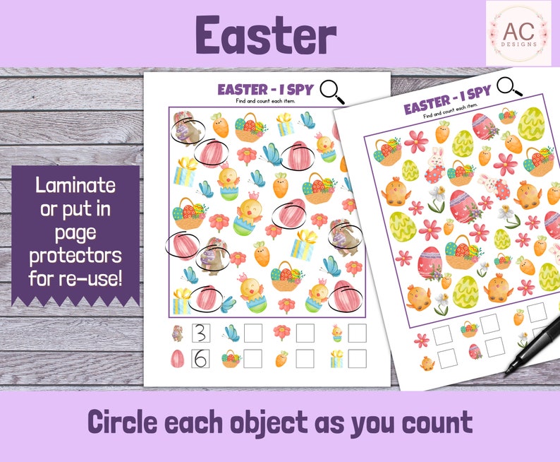 May include: Two printable Easter-themed I Spy activity sheets. Each sheet features a colorful illustration of Easter eggs, bunnies, chicks, flowers, and baskets. The text "EASTER - I SPY" and "Find and count each item" is included on each sheet. Circle each object as you count.