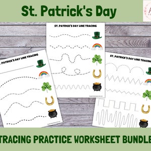 Puede incluir: Tres hojas de trabajo imprimibles con temática del Día de San Patricio para niños. Cada hoja de trabajo presenta un conjunto diferente de líneas punteadas para trazar, incluyendo líneas onduladas, zigzags y círculos. Las hojas de trabajo están decoradas con tréboles, arcoíris, sombreros de duendes y ollas de oro.