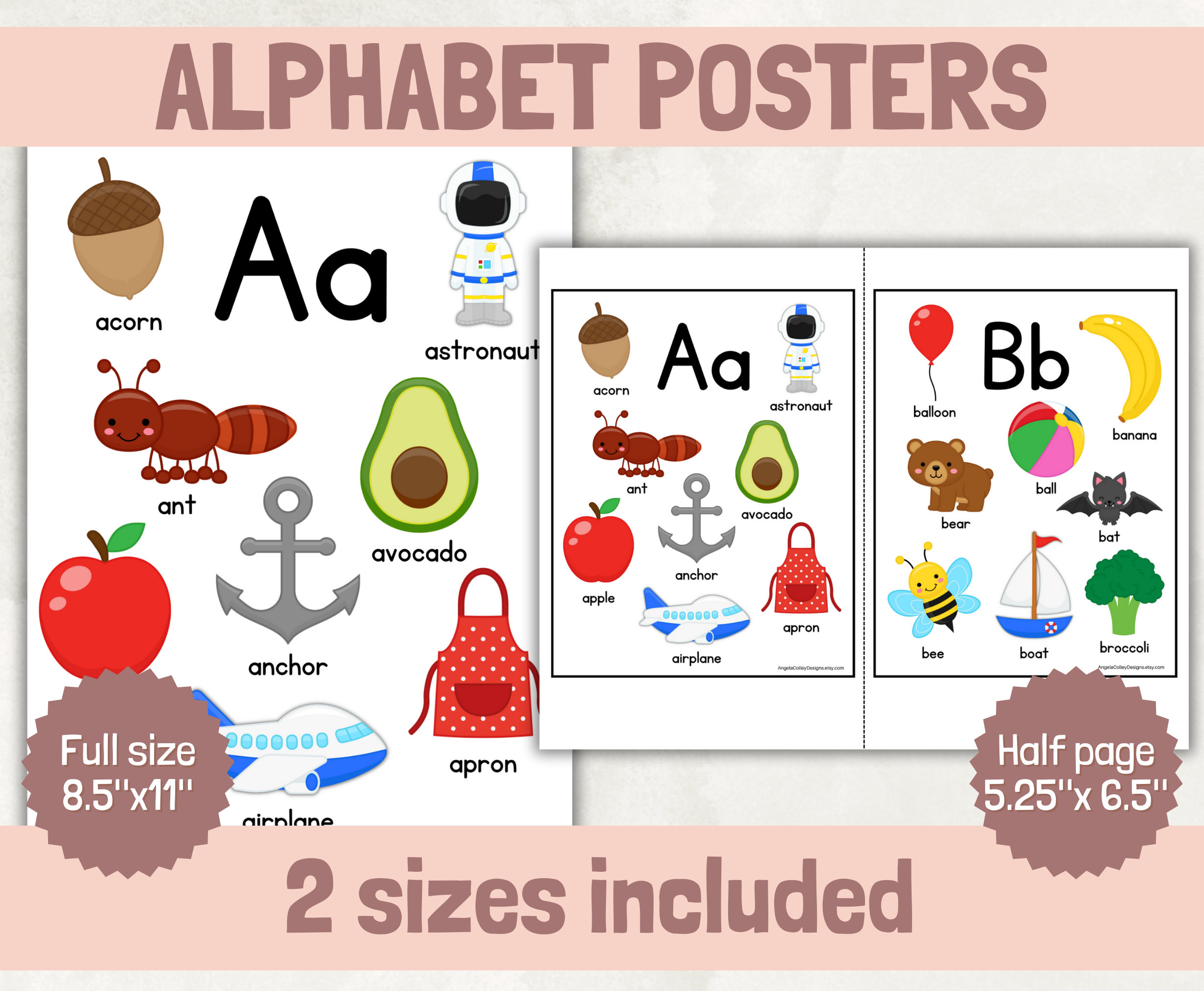 Cartazes de alfabeto para impressão, tabela de sons iniciais, dicionário de imagens de tamanho de letras, decoração colorida para sala de aula, flashcards ABC