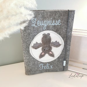 Zeugnismappe, Filz, Zeugnishülle, personalisiert, Zeugnis, Widmung, Geschenk Paten, Fledermaus, Einschulung, Schule