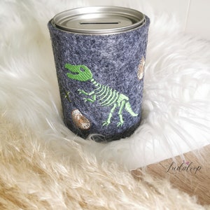 Spardose, Blechdose, Filz, Geschenk personalisiert, Blechspardose, Dino, Spardose personalisiert Spardose mit Namen Geldgeschenk Dinosaurier