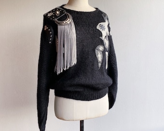 Vintage 80s statement sweater with silver moon appliqués, rhinestones and fringes