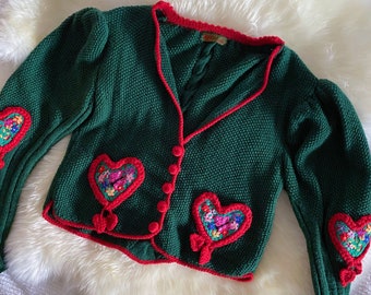 Handmade Inzy designer traditional cardigan made of high-quality wool with puff sleeves and elaborate heart embroidery Xmas