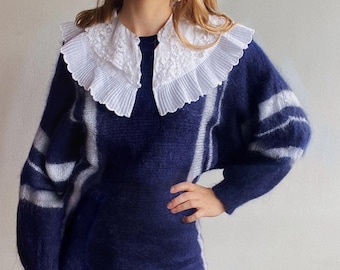 Hand-knitted sweater dress with batwing sleeves and striped pattern in dark blue S