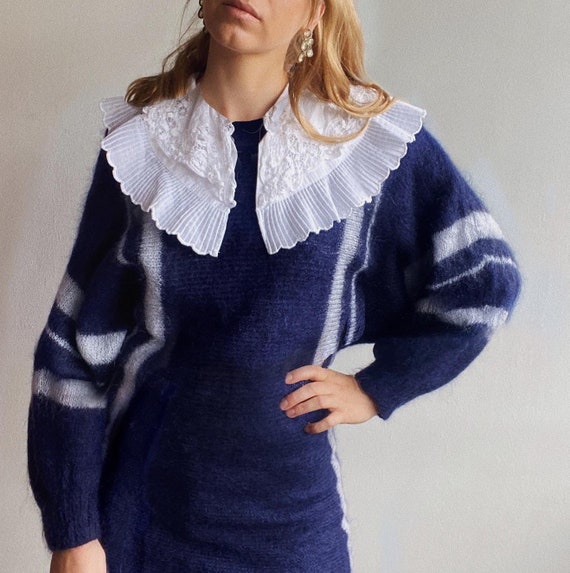 Hand-knitted Sweater Dress With Batwing Sleeves and Striped Pattern in Dark  Blue S - Etsy