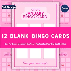 12 maanden bingokaartbundel | Maandelijkse bingokaarten | Doelplanner 2025 | Bingokaart 2025 |  Oudejaarsbingo | Oudejaarsbingo