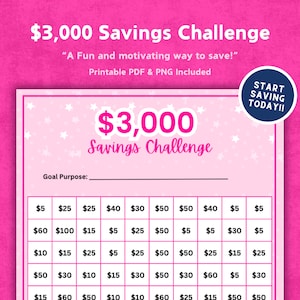 May include: A pink printable savings challenge chart with white stars. The chart has a title that says "$3,000 Savings Challenge" and a space to write a goal purpose. The chart has a grid of 5 rows and 10 columns with dollar amounts in each square.