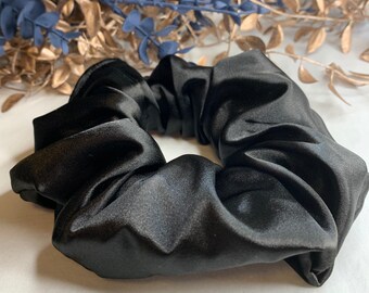 Black Scrunchie Hair Tie | Soft Satin Scrunchies | Handmade Scrunchies | Gentle Elastic Hair Ties | 5 sizes(XS, Skinny, Regular, Fluffy, XL)