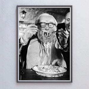 Italian Man Eating Spaghetti Poster, Black and White, Pasta Print, Funny Kitchen Wall Art, Antique Photo, Vintage Print, Restaurant Decor