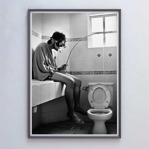 Man Fishing in Toilet Print, Funny Bathroom Wall Art, Black and White, Funny Bathroom Prints, Restroom Art, Boys Bathroom Decor, Photo Print