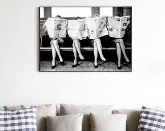 Women Reading Newspaper in Paris, Vintage Black and White Photo (Digital Download)