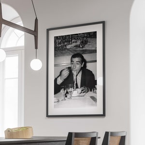 James Bond Eating Spaghetti Poster, Black and White Vintage Print, Kitchen Wall Art, Pasta Print, Dining Room Decor, Antique Photo, Wall Art