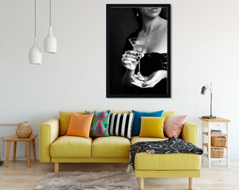 Frau trinkt Martini, schwarz und weiß Cocktail Kunst (digitaler Download)
