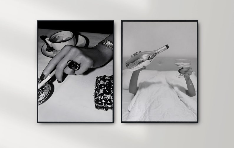 Woman Smoking & Drinking Coffee Poster, Luxury Fashion Print, Black and White, Trendy Printable Wall Art, Feminist Poster, Coffee Shop Decor