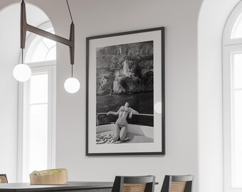 Amalfi Coast Print, Luxury Boat Poster, Black and White, Coastal Photography, Mediterranean Sea Wall Art, Girls Room Decor, Digital Download