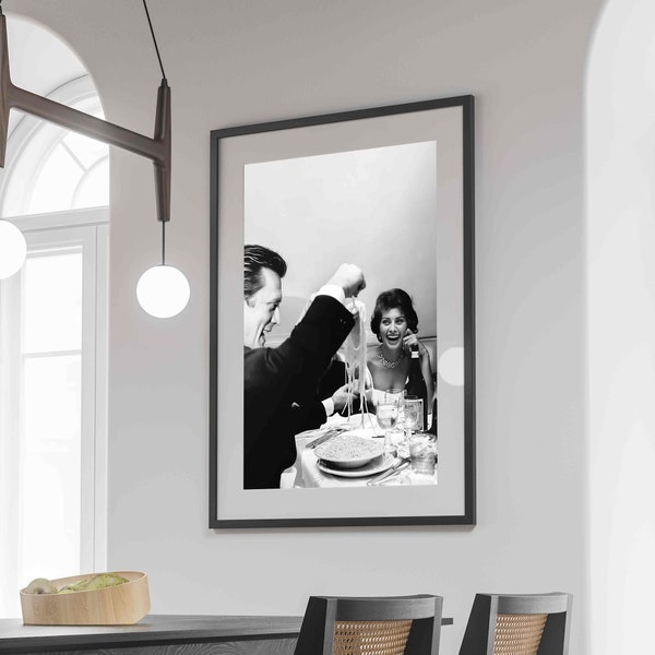 Sophia Loren Eating Spaghetti Print Black and White Vintage Photography Kitchen Wall Art Pasta Print Dining Room Wall Decor Digital Download