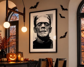 Frankenstein Movie Poster, Black and White, Vintage Halloween Wall Art, Boris Karloff, Spooky Home Decor, Monster Print, Digital Download