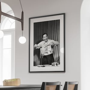 Póster de Frank Sinatra comiendo espaguetis, blanco y negro, fotografía vintage, póster de pasta, decoración de restaurantes, arte mural de cocinas y cafeterías.