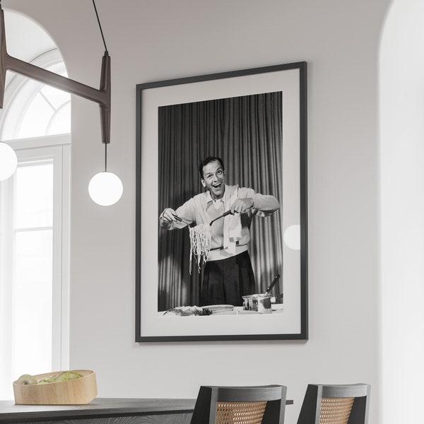 Frank Sinatra Eating Spaghetti Poster, Black and White, Vintage Photography, Pasta Poster, Restaurant Decor, Kitchen Wall Art, Cafe Decor