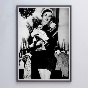 Woman Drinking Champagne Print, Prohibition Photo Digital Download, Black and White Vintage Poster, Bar Cart Print, Wall Art, She Shed Decor