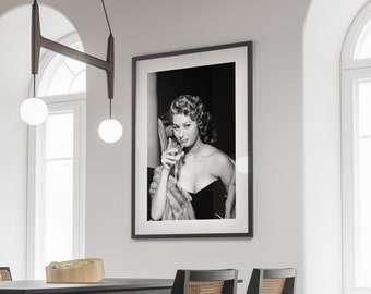 Sophia Loren Drinking Champagne Print, Black and White, Vintage Photo, Woman Drinking Wine, Old Hollywood Decor, Wall Art, Bar Cart Print