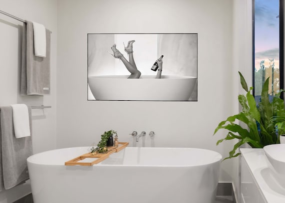 Feminist Art Print, Woman in Bathtub with Wine, Black and White (Digital Download)