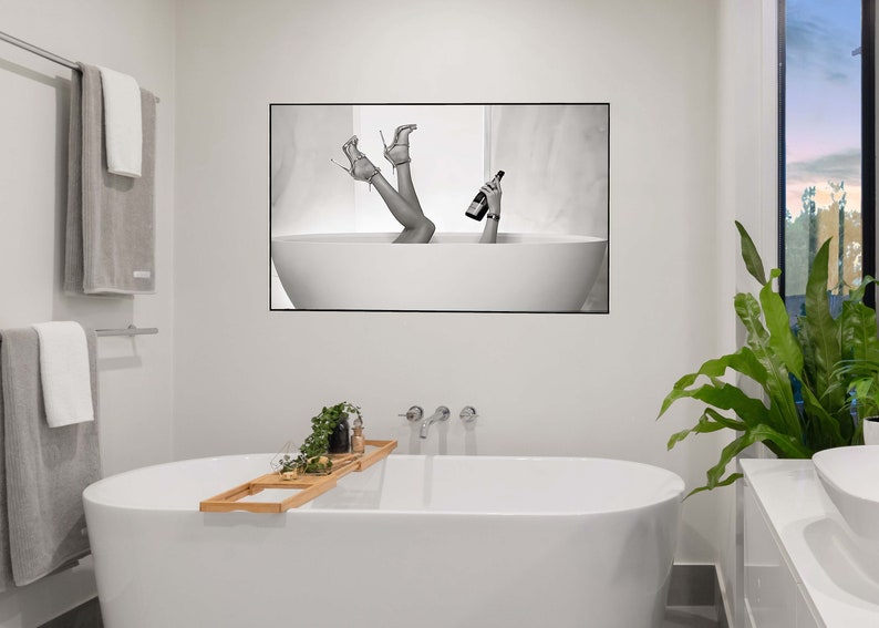 High Heels Woman Drinking Wine In Bathtub Print, Feminist Poster, Bathroom Wall Art, Black and White, Teen Girls Bathroom Decor, Bathtub Art