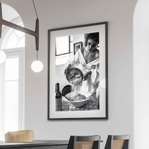 Italian Woman Eating Pasta in Kitchen Poster, Black and White, Spaghetti Print, Dining Room Wall Art, Kitchen Wall Decor, Digital Download
