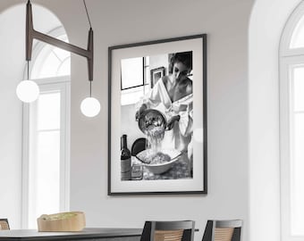 Italian Woman Eating Pasta in Kitchen Poster, Black and White, Spaghetti Print, Dining Room Wall Art, Kitchen Wall Decor, Digital Download