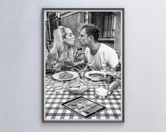Vintage Couple Eating Spaghetti in Italy Print, Black and White (Digital Download)