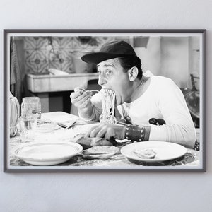 Italian Man Eating Spaghetti Poster, Black and White, Vintage Wall Art, Kitchen Art Print, Dining Room Decor, Pasta Poster, Restaurant Decor