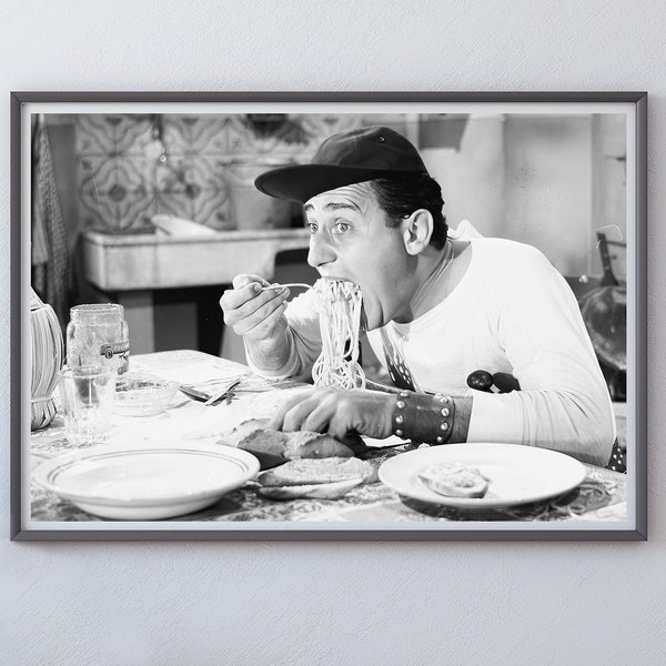 Hombre italiano comiendo cartel de espagueti, blanco y negro, arte de pared vintage, impresión de arte de cocina, decoración del comedor, cartel de pasta, decoración del restaurante