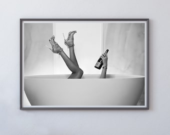 High Heels Woman Drinking Wine In Bathtub Print, Feminist Poster, Bathroom Wall Art, Black and White, Teen Girls Bathroom Decor, Bathtub Art
