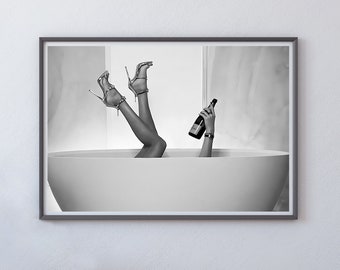 High Heels Woman Drinking Wine In Bathtub Print, Feminist Poster, Bathroom Wall Art, Black and White, Teen Girls Bathroom Decor, Bathtub Art