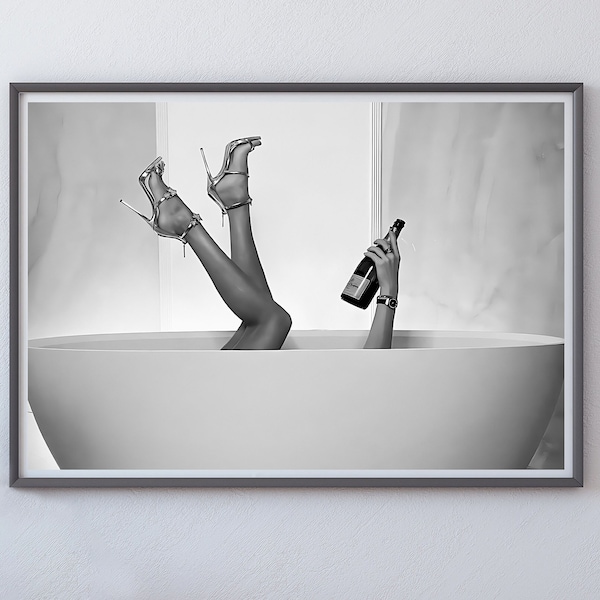 High Heels Woman Drinking Wine In Bathtub Print, Feminist Poster, Bathroom Wall Art, Black and White, Teen Girls Bathroom Decor, Bathtub Art