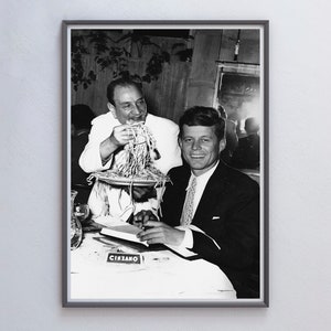 John F Kennedy Eating Spaghetti Poster, Black and White, Vintage Print, Antique Photo, Kitchen Wall Decor, Pasta Print, Dining Room Wall Art