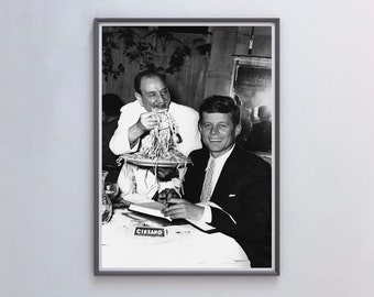 John F Kennedy Eating Spaghetti Poster, Black and White, Vintage Print, Antique Photo, Kitchen Wall Decor, Pasta Print, Dining Room Wall Art