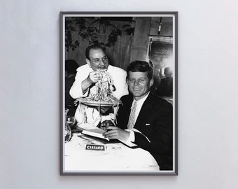 JFK Eating Spaghetti, Black and White Vintage Photo Print (Digital Download)